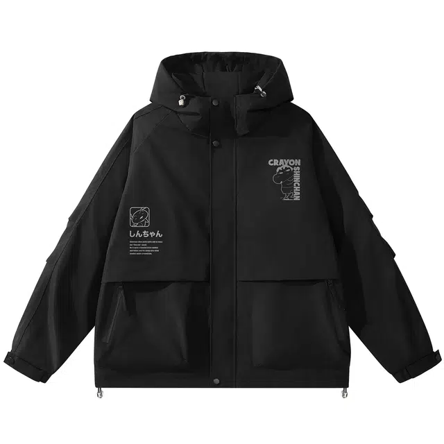 蜡笔小新 纯色户外防风防水卡通字母印花休闲连帽夹克外套 男女同款
