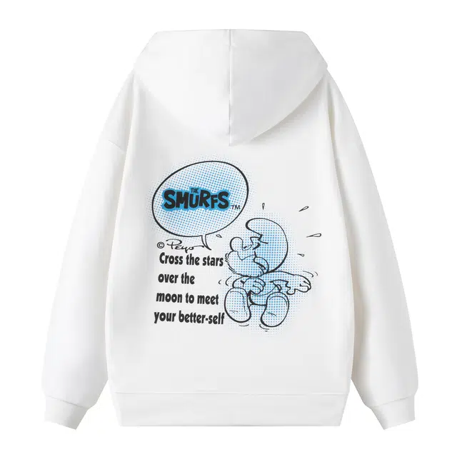 蓝精灵 休闲百搭简约手绘字母卡通印花宽松落肩袖套头连帽卫衣 男女同款