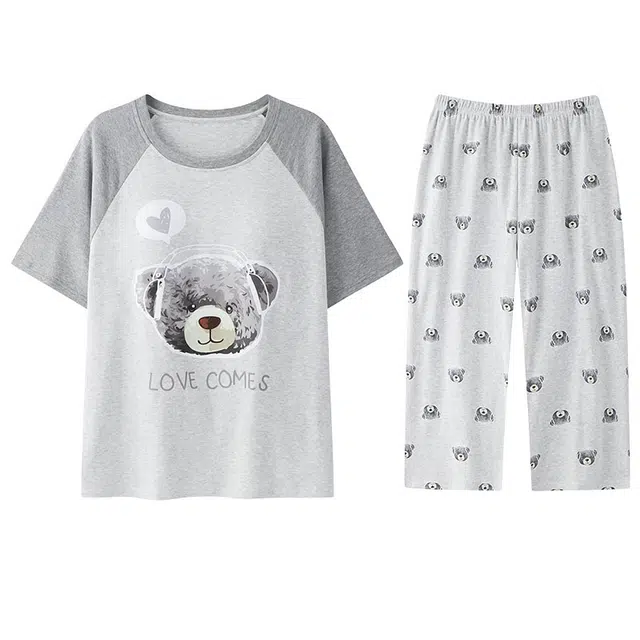 向薇 带胸垫纯棉圆领卡通短袖七分裤家居服可外穿睡衣套装 女款 图片色