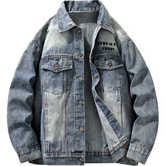 雅鹿 潮流帅气复古潮牌字母刺绣翻领简约基础款户外运动休闲防风保暖水洗牛仔高街风长袖夹克外套 男女同款