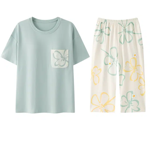 向薇 简约休闲带胸垫短袖七分裤家居服睡衣套装 女款 图片色