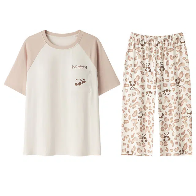 向薇 卡通带胸垫可爱短袖七分裤睡衣套装 女款 图片色