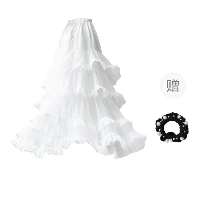 雾闪闪 芭蕾风网纱蕾丝不规则大摆半身休闲长裙 女款 （白色+发圈）买赠