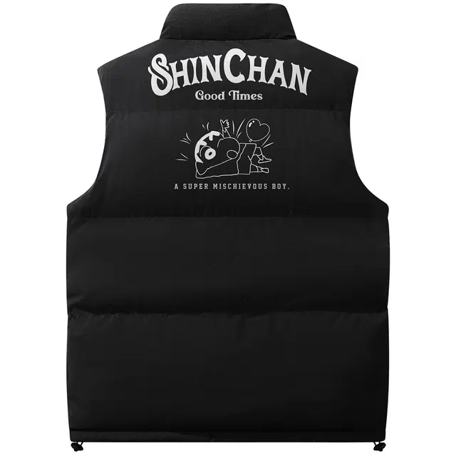 蜡笔小新 卡通人物字母印花立领宽松厚款保暖棉马甲 男女同款