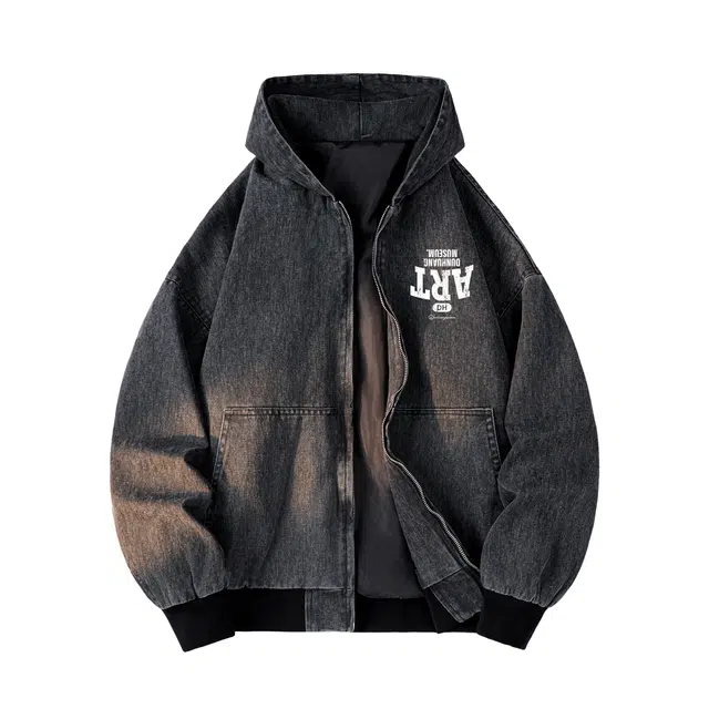 敦煌博物馆 美式复古水洗做旧底特律帆布纯色落肩连帽宽松夹克外套 男女同款