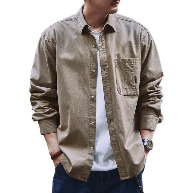 格蓝鹿 通勤休闲美式高街复古耐磨做旧工装长袖衬衫 男女同款 卡其色