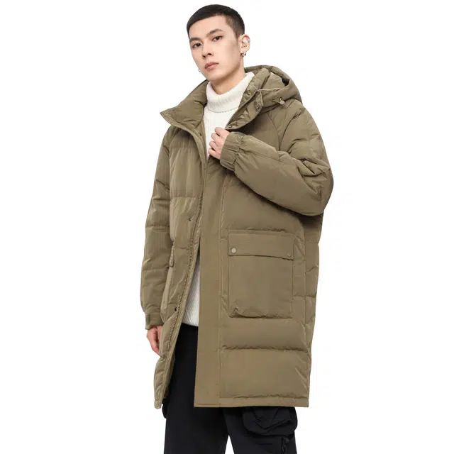 鸭鸭 纯色连帽拉链宽松厚款中长款长袖羽绒服 男款