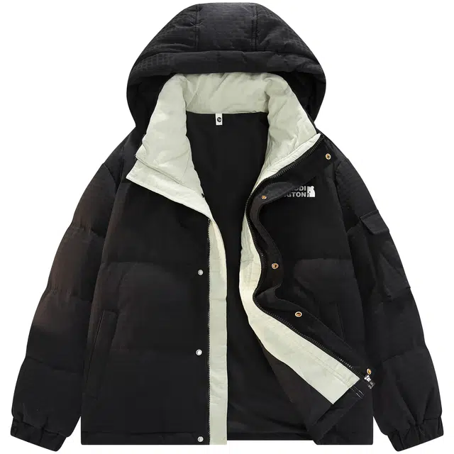 帕丁顿熊 简约纯色小熊印花宽松休闲连帽面包服防风防寒保暖加厚羽绒服 男女同款