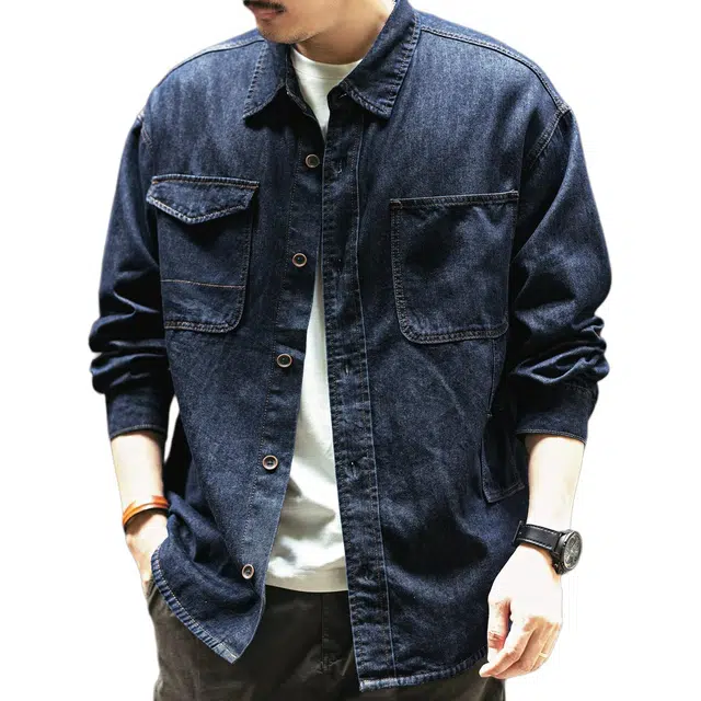 格蓝鹿 宽松休闲口袋高端英伦风工装简约牛仔长袖衬衫 男女同款 蓝色