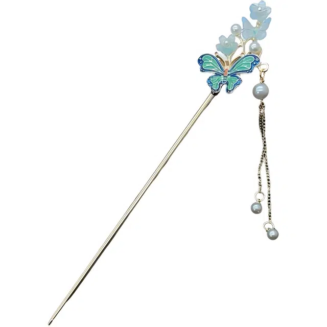 【蝴蝶泉边】 指尖瑰宝 新中式花朵古风发饰高级感满满流苏步摇汉服旗袍盘发发钗精致大气 镀银 发簪 女款