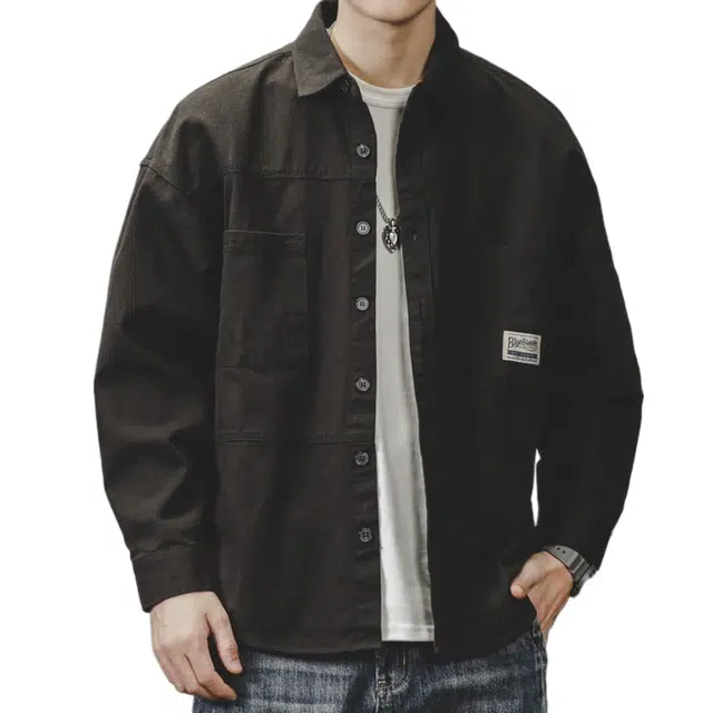 玉儿恋 美式字母印花工装翻领落肩宽松复古休闲单排扣长袖夹克外套 男款