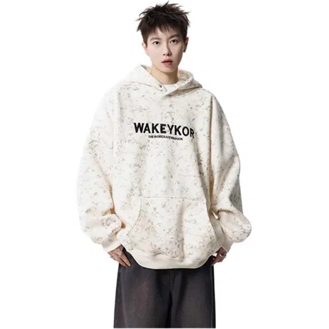 极限涡轮 美式街头风字母刺绣重磅扎染脏脏布连帽复古舒适厚款保暖宽松时尚个性痞帅百搭针织衫 男女同款