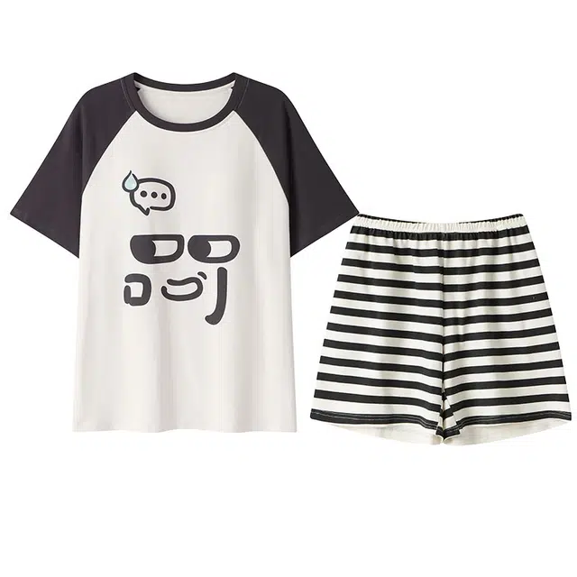 向薇 纯棉短袖带胸垫大码宽松舒适可外穿家居服睡衣套装 女款 图片色