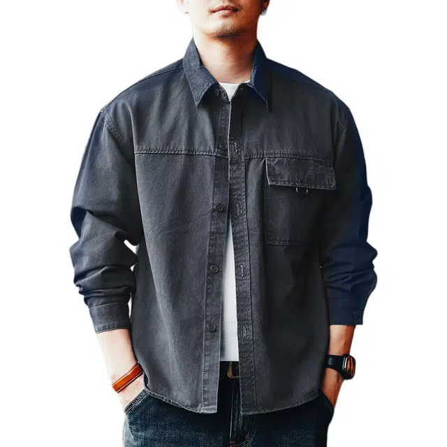 格蓝鹿 街头外套男口袋复古水洗翻领高端云染耐磨做旧纯棉长袖衬衫 男女同款