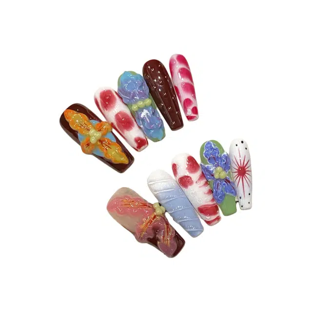 韵月乔 恶魔之花立体雕花  穿戴甲 长方多巴胺跳色 可爱