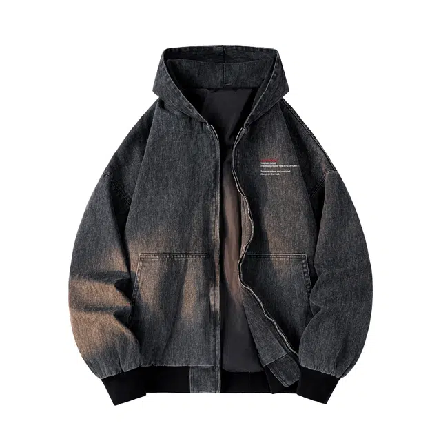 敦煌博物馆 美式复古重磅水洗破坏做旧底特律帆布落肩连帽拉链夹克外套 男女同款