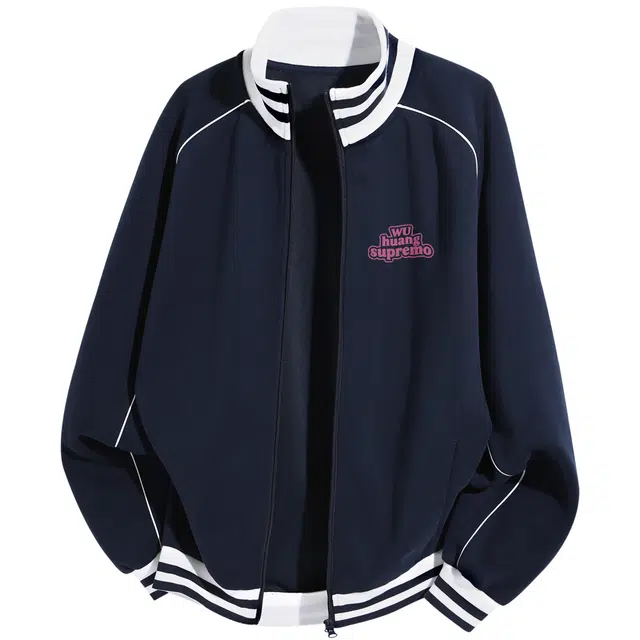 吾皇猫 美式复古基础款英文字母印花无性别穿搭简约百搭拼接设计感插肩袖立领运动开衫夹克 男女同款