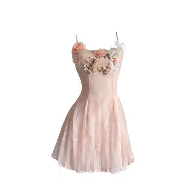 敲模女孩 纯欲风立体花朵收腰甜辣妹海边度假网纱鱼尾吊带连衣裙 女款