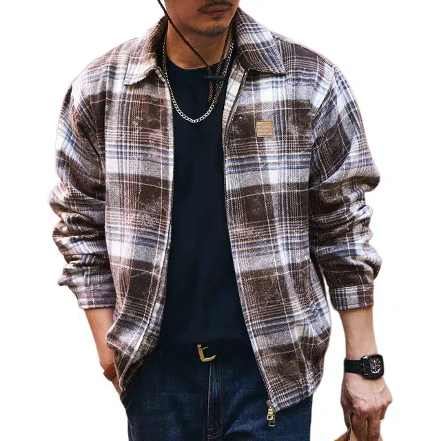 格蓝鹿 主题系列 美式水墨晕染复古格子夹克外套 男款