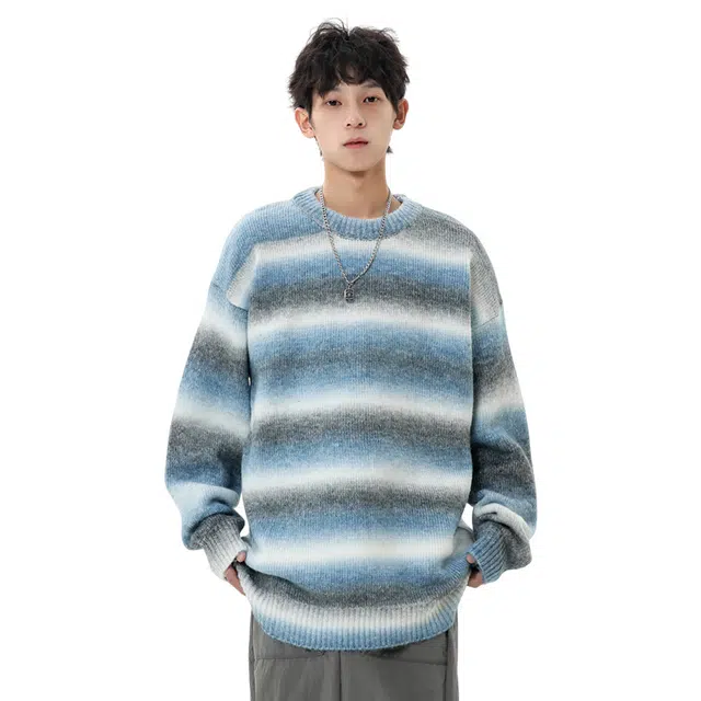 玉儿恋 条纹渐变彩虹多巴胺慵懒落肩长袖套头毛衣针织衫 男女同款