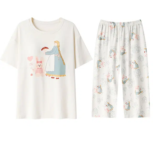 向薇 简约卡通短袖七分裤家居服带胸垫睡衣套装 女款 图片色