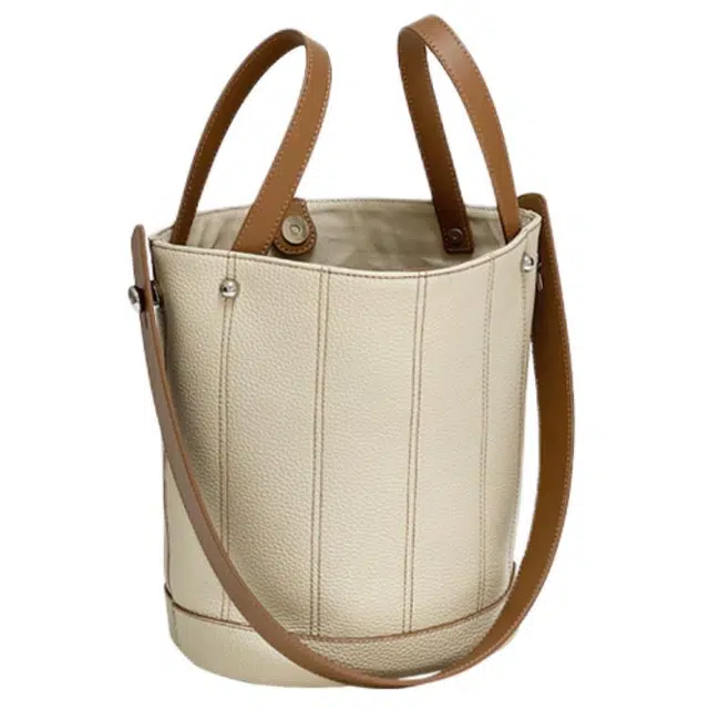 恒源祥 时尚百搭大气高级感懒惰风拼色百搭复古通勤 头层牛皮 菜篮子包单肩手提包 女款 白拼棕/奶茶灰