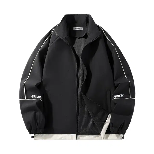 金贝勒 美式复古字母印花户外立领休闲宽松夹克外套 男女同款 黑色