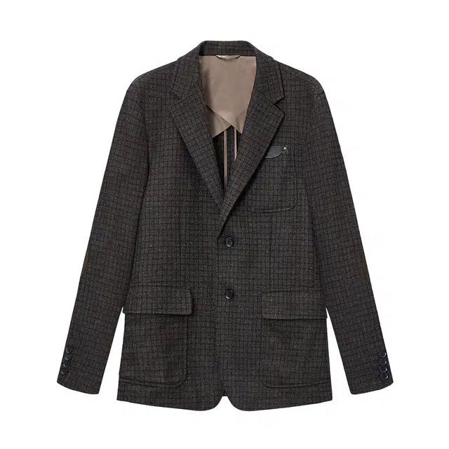 安正 羊毛单排扣宽松西装 男款 格棕黄