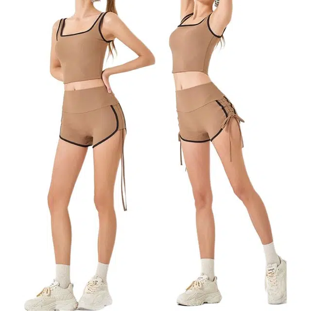 怪力萝莉  抽绳撞色运动高弹修身提臀跑步速干健身三分裤  瑜伽短裤  女款