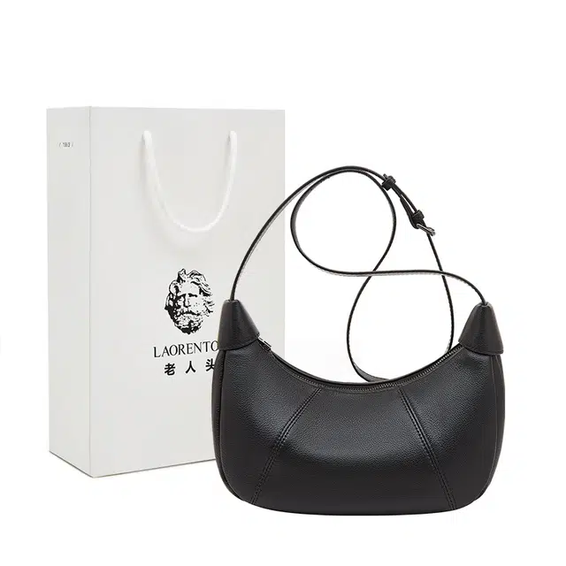 老人头 经典时尚百搭简约通勤 头层牛皮 斜挎单肩包 女款 黑色/白色/大象灰/紫色