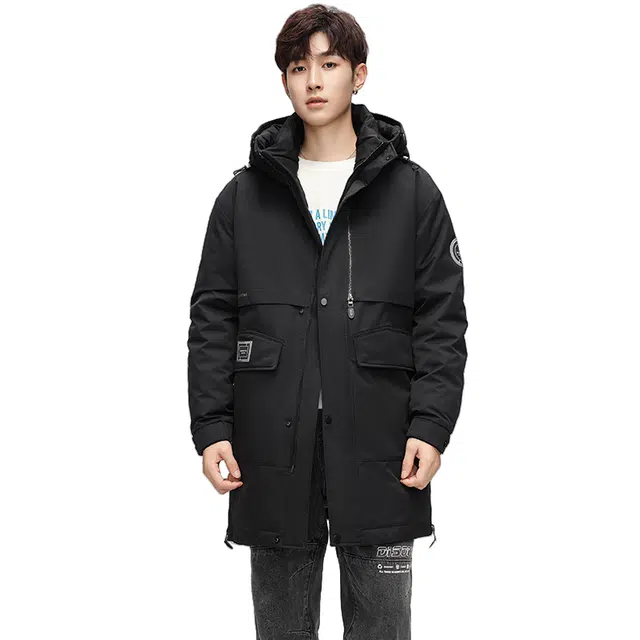 鸭鸭 鹅绒系列户外工装风连帽保暖休闲加厚新国标中长款羽绒服 男款