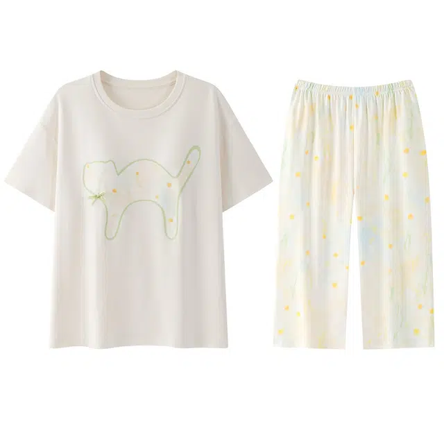 向薇 简约休闲短袖七分裤带胸垫可外穿家居服睡衣套装 女款 图片色