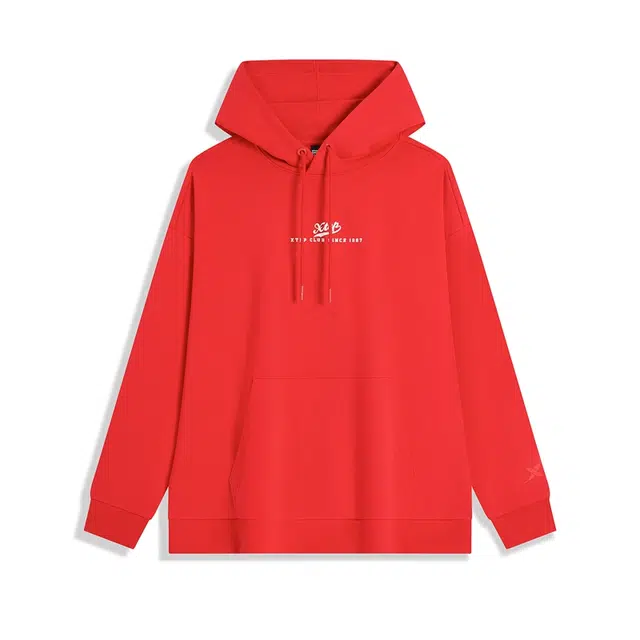 特步 秋冬高街纯色学院风韩版休闲字母简约百搭宽松连帽情侣款卫衣 男女同款 魔力红