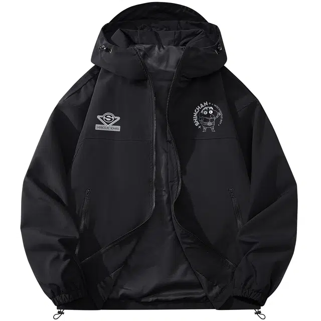 蜡笔小新 日系简约通勤卡通字母印花休闲防风连帽宽松夹克外套 男女同款