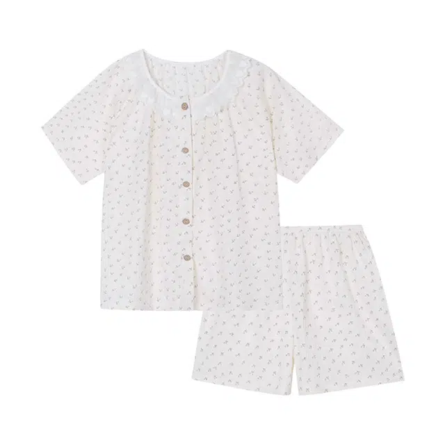 橡柠派 小碎花设计感甜美气质简约短裤短袖慵懒风小清新亲肤舒适娃娃领可爱睡衣套装 女款 米白