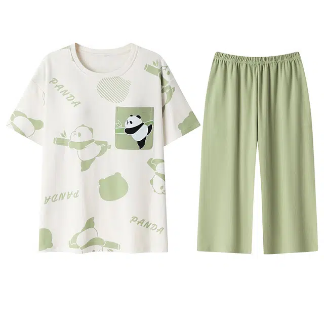 向薇 带胸垫纯棉短袖七分裤可外穿大码宽松家居服睡衣套装 女款 图片色