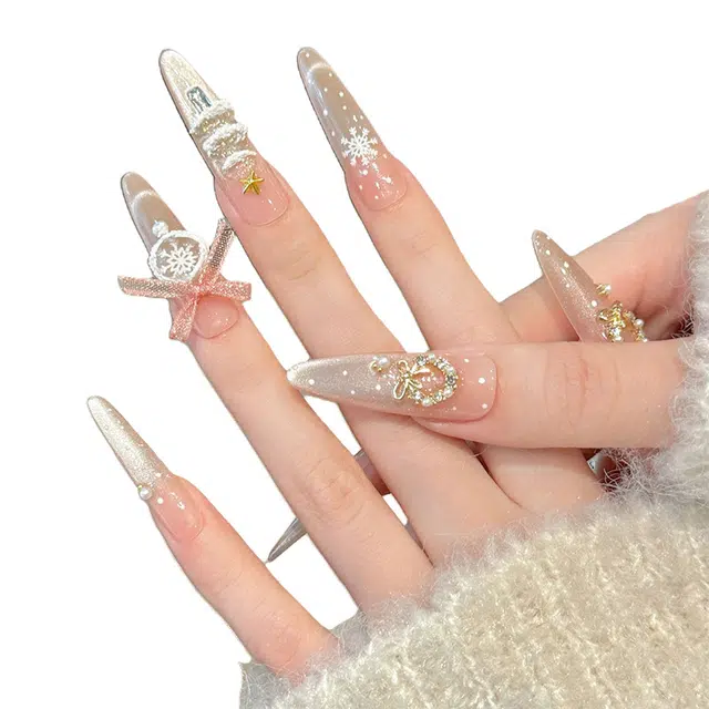 韵月乔 水晶球氛围冬季雪花法式气质猫眼高级纯欲  穿戴甲 尖型裸色纯色