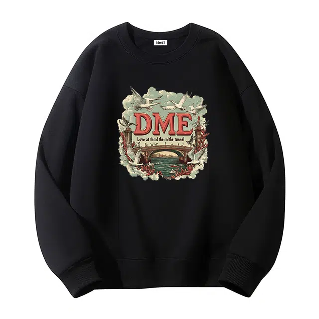 【dme】 美式圆领复古印花宽松百搭打底套头卫衣 男女同款