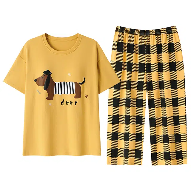 俞兆林 柔软纯棉带胸垫可爱长条狗卡通圆领格子短袖七分裤睡衣套装 女款 黄色