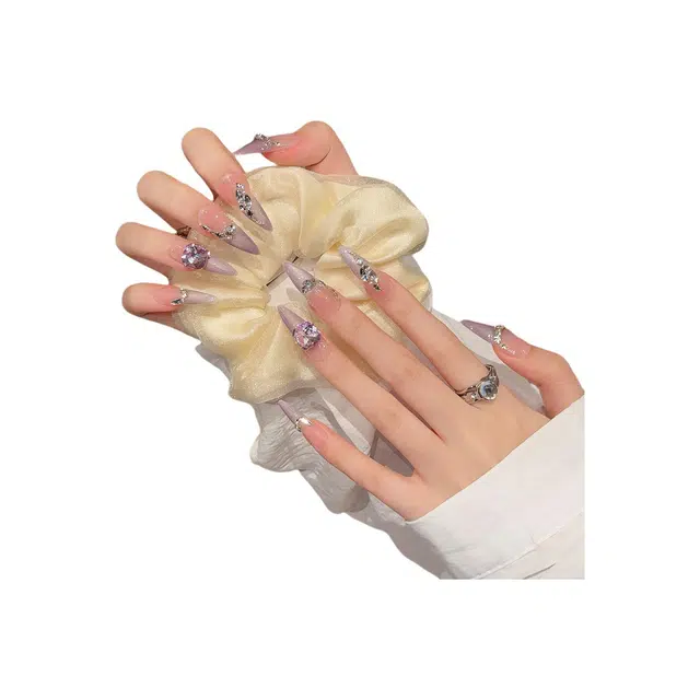 韵月乔 法式碎钻蝴蝶爱心  穿戴甲 杏仁长款紫色渐变 爆闪