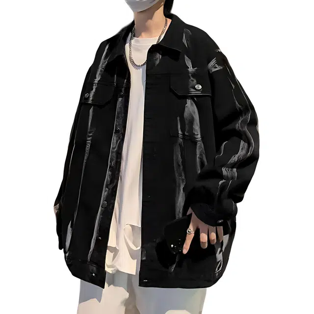 玉儿恋 渐变宽松工装翻领落肩单排扣百搭长袖夹克外套 男款 黑色