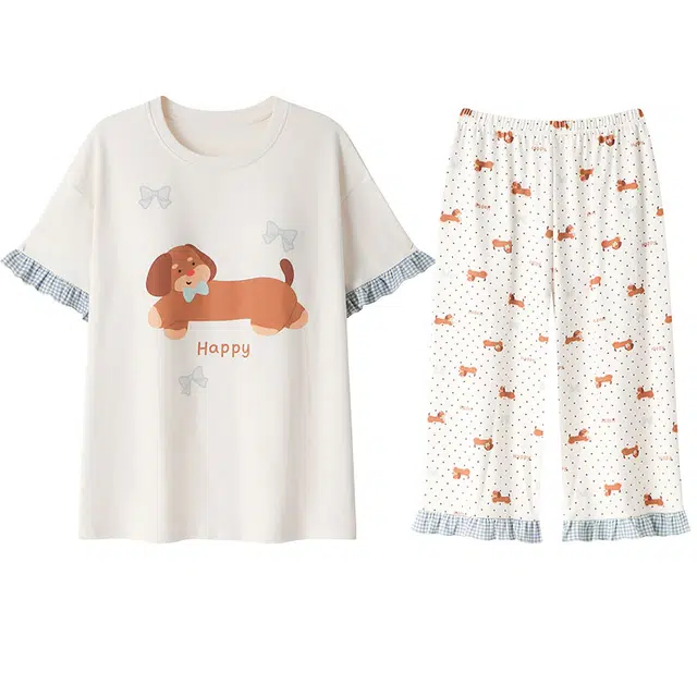 向薇 卡通简约带胸垫短袖七分裤可外穿家居服睡衣套装 女款 图片色