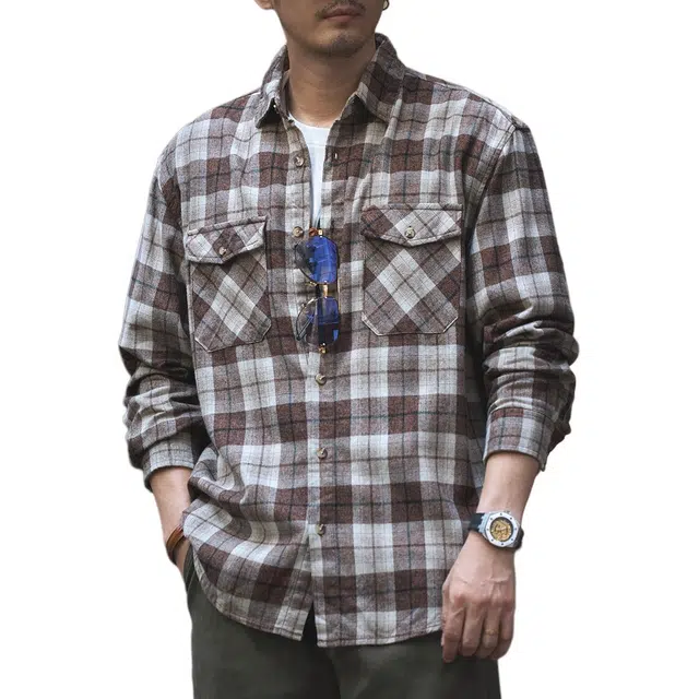 格蓝鹿 极简松弛感简约高街高端日系复古做旧磨毛格子外套长袖衬衫 男女同款