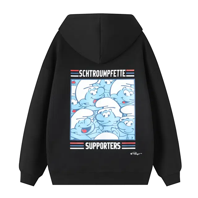 蓝精灵 美式学院风简约基础款数码直喷工艺宽松百搭连帽卫衣 男女同款 黑色