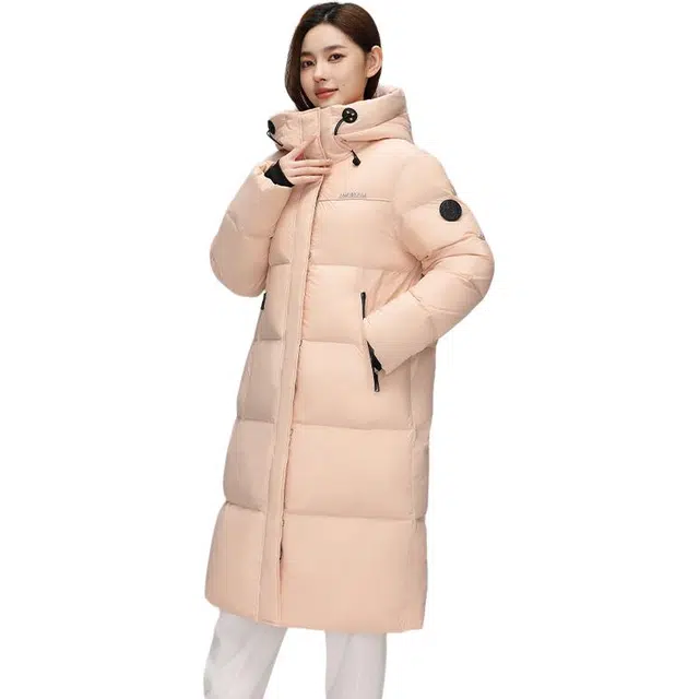 鸭鸭 时尚百加厚保暖搭蓬松过膝盖长款连帽羽绒服 男女同款