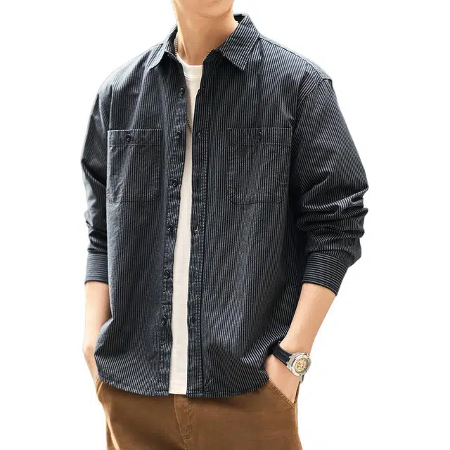 格蓝鹿 潮牌纯棉衬衣城市机能风格休闲宽松上衣外套日系日常百搭复古修身通勤条纹长袖衬衫 宽松型 男女同款