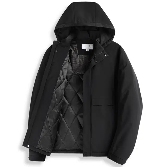 与狼共舞 夹棉保暖户外通勤纯色抗皱防风连帽夹克外套 男款