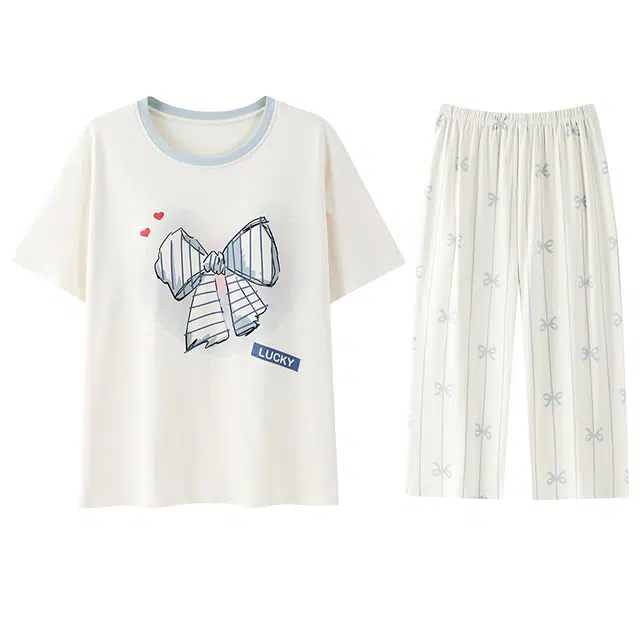 向薇 短袖七分裤家居服休闲舒适带胸垫睡衣套装 女款 图片色