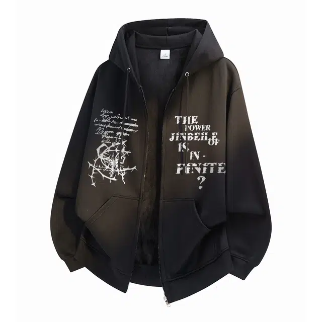 金贝勒 美式复古高街荆棘字母印花基础款简约连帽开衫宽松休闲百搭加绒加厚卫衣 男女同款