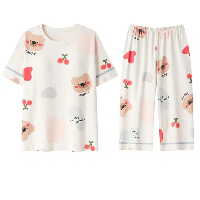 向薇 带胸垫短袖七分裤可外穿家居服睡衣套装 女款 图片色